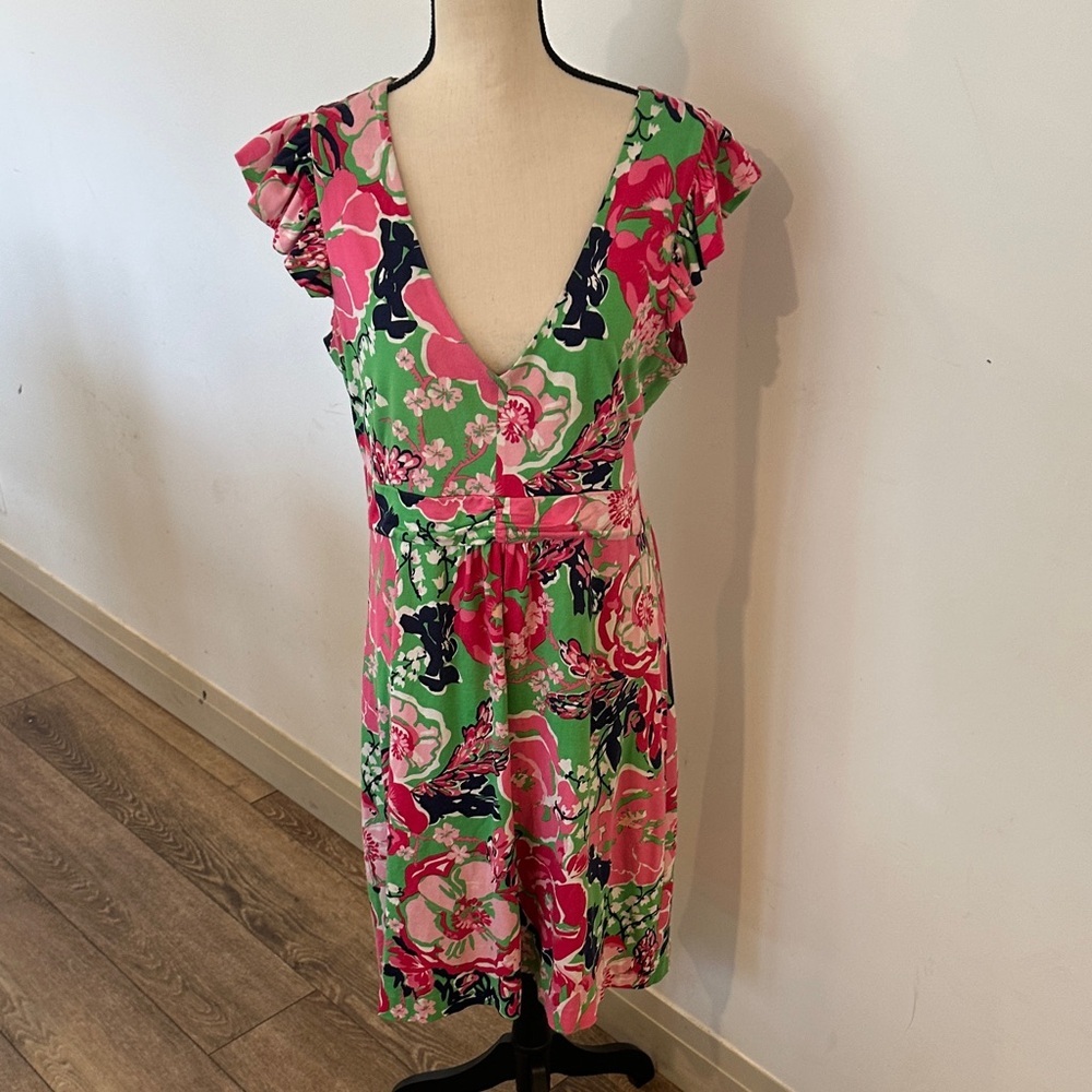 Lily Pulitzer Clare silk cotton V-neck ruffle short sleeve dress floral large